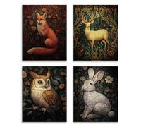 SUPERDANT 4PCS Animal Wall Prints Vintage Wall Art Posters Wall Posters Prints for Walls Fox Rabbit Deer Owl Art Posters for Living Room Artwork Aesthetic Posters Unframed 28x35cm