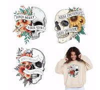 SUPERDANT 4PCS Skeleton and Flower Iron on Transfers for Clothing Kinda Merry Kinda Scary Heat Transfer Stickers Iron on Patches for DIY Clothes Clothes Decor Transfers for Hoodies T-Shirt Jackets