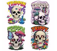 SUPERDANT 4PCS Trippin Skull Iron on Transfer Paper Mushroom Colorful Heat Transfer Sticker Washable Iron on Decals for T Shirts DTF Transfers Ready to Press for Clothing Hoodie Jackets DIY Gift