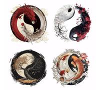 SUPERDANT 4Pcs Yin Yang Iron On Transfer Paper Taiji Heat Transfer Sticker Eastern Aesthetics Iron-on Decals Washable DTF Transfers Ready to Press for Clothing Bags Jacket Vintage Decor