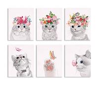 SUPERDANT 6 Pcs Cat Butterfly Unframed Canvas Wall Art Cute Animals Bathroom Photo Decor Posters Bearing Flower Butterflies Strip Prints Artwork Wall Decoration
