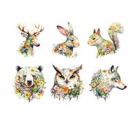 SUPERDANT 6 Pcs Floral Forest Animals Iron-On Transfers 21.6x21.6cm Bear Wolf Heat Transfer Stickers Deer Rabbit Vinyl Decals Ready-to-Press for Hoodies T-Shirts Canvas Bags Colorful