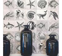 SUPERDANT 60 Pcs Sea Life Wall Decals Fish Jellyfish Turtle Wall Stickers Sketch Style Walls Art Murals Peel and Stick Black Vinyl Art Decor for Living Room Bathroom Kitchen Family Decoration