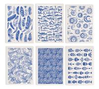 SUPERDANT 6PCS Retro Feather Sun Underglaze Transfers for Pottery Flower Fish Mixed Transfer Stickers Ceramic Decals Blue Underglaze Transfers Paper for Porcelain Overglaze Enamel Clay Decal 52x37cm