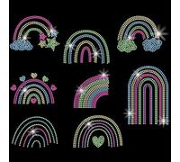 SUPERDANT 8PCS Rainbow Crystal Rhinestone Iron on Transfer Applique DIY Transfer Decal Colored Rainbow Glitter Rhinestone Pattern Decoration for T-Shirt Bag Pillows Jackets 29.7x21CM