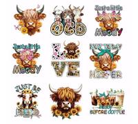 SUPERDANT 9 Pcs Highland Cow Iron On Transfer Paper Cute Animals Heat Transfer Sticker Inspirational Quotes Iron-on Decals Washable DTF Transfers Ready to Press for DIY Clothing T-Shirt Bags
