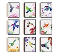 SUPERDANT 9 PCS Hummingbirds Unframed Canvas Prints Watercolor Wall Art Print Birds with Flower Canvas Print Animals Artwork Abstract Painting Hummingbird Room Decor for Bedroom Home Decoration