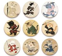 SUPERDANT 9 Piece Japanese Cat Wood Coasters 10 cm Round Lightweight Table Decor Samurai Cat Surface Protectors For Cups Mugs No Slip Back Colorful