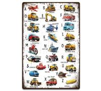 SUPERDANT A-Z Metal Signs ABC Tin Signs Alphabet with Transportation Wall Plaques Funny Iron Poster Art for Boy Man Cave Home Bedroom Living Room Bar Pub Vintage Decor Housewarming Gift