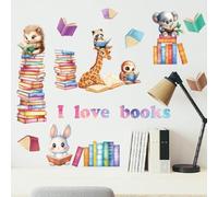 SUPERDANT Animals Reading Books Wall Stickers Colorful Wall Decals Self Adhesive Wall Decals Waterproof Wall Decoration Cute Wall Decor for Home Nursery School Reading Corner Study Room Decoration