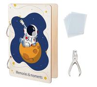 SUPERDANT Astronauts Greeting Card Organizer Set Planet Wooden Wonderful Memories Card Keeper Binder Suit Holder Book with 2-Ring 20 Inner Pocket and Punch for Kid Birthday 24x16cm