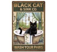 SUPERDANT Bathroom Metal Signs Black Cat Tin Sign Wash Your Paws Metal Tin Signs Funny Bathroom Wall Plaques Cat Iron Wall Art Poster for Toilet Bedroom Home Vintage Decor