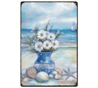 SUPERDANT Beach Vase Metal Signs Blue Beaches Tin Sign Shells Starfish Wall Plaques Ocean Poster Art for Man Cave Living Room Home Playroom Vintage Decor