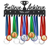 SUPERDANT Believe Achieve Medal Hanger Inspirational Quotes Medal Holder with 17 Hooks Sports Competition Medal Rack Medal Display Hanger Awards Ribbon Wall Mount Medal Hook for Athletes