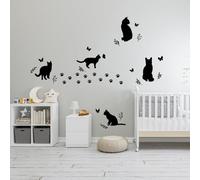 SUPERDANT Black Cat and Butterfly Wall Stickers - Cat Paw Decals for Nursery, Kid's Bedroom, Classroom - Wall Decor for Cat Lovers