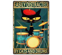 SUPERDANT Black Cat Metal Tin Signs Easily Distracted by Cats and Drums | Iron Wall Art,Vintage Decor,Man Cave,Home Bar,Pub,Gift for Music Lover