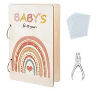 SUPERDANT Bohemian Rainbow Greeting Card Organizer Set Baby‘s First Year Wooden Wonderful Memories Card Keeper Binder Suit Holder Book with 2-Ring 20 Inner Pocket and Punch for Baby Shower 24x16cm