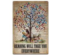 SUPERDANT Book Metal Signs Girl Reading Tin Signs Reading Will Take You Everywhere Wall Plaques Inspirational Read Metal Sign Art for Girl‘s Room Bedroom Classroom Home