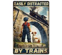 SUPERDANT Boy and Train Metal Signs Puppy Vintage Tin Signs Easily Distracted by Trains Wall Art Plaque Funny Poster Vintage Decor for Boys Room Bedroom Man Cave Retro Signs Decoration