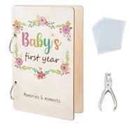 SUPERDANT Cartoon Floral Greeting Card Organizer Set Baby‘s First Year Wooden Wonderful Memories Card Keeper Binder Suit Holder Book with 2-Ring 20 Inner Pocket and Punch for Baby Shower 24x16cm
