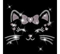 SUPERDANT Cat Head Iron on Rhinestones Transfer Bow-Tie Smile Kitten Iron-on Decals T-Shirt Crystal Heat Transfer Hot Fix Crystals for Clothing Decoration Bags DIY Craft