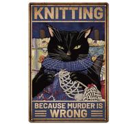 SUPERDANT Cat Knitting Metal Signs Because Murder is Wrong Tin Signs Black Cat Wll Plaque Funny Sign Vintage Metal Sign Poster for Man Cave Bedroom Playroom Cafe Bar Home