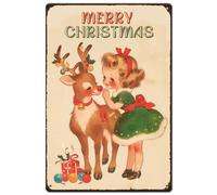 SUPERDANT Christmas Deer and Girl Metal Signs Merry Christmas Tin Sign Metal Wall Plaques Funny Poster Vintage Decor Home Wall Art for Living Room Bedroom Cafe Bar Pub Retro Decoration