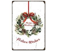 SUPERDANT Christmas Wreath Metal Signs Merry Christmas Tin Sign Festive Wishes Metal Wall Plaques Vintage Decor Home Wall Art for Living Room Bedroom Cafe Door Bar Pub Retro Christmas Decor