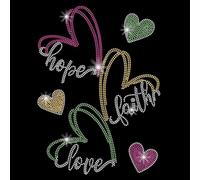 SUPERDANT Colorful Hearts Iron on Rhinestones Hope Faith Love Heat Transfer Stickers DIY Colorful Iron-on Decals Bling Rhinestones Patches for T-Shirt Clothing Hoodies Art Craft Decor Gifts