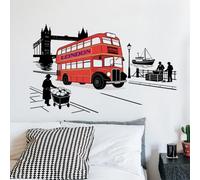 SUPERDANT Colorful London Wall Stickers PVC Peel Stick Mural Featuring London Bus Big Ben Thames Removable Cityscape Sticker for Home Office Decoration 89.6x54.3cm