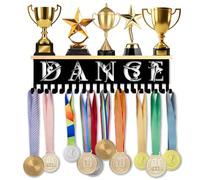 SUPERDANT Dance Medal and Trophy Display Shelf Black Wooden Metal Wall Mounted Award Holder with 20 Hooks Medal Hanger Display for Dancing Competition Awards 40x9cm