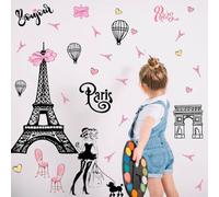SUPERDANT Eiffel Tower Wall Sticker Pink Wall Decals Peel and Stick Wall Art Decals PVC Wall Stickers Murals Removable Window Clings DIY Murals Kids Girls Living Room Wall Decor Gift