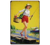 SUPERDANT Fish Metal Tin Sign Fishiwoman Metal Poster Fishing Girl Wall Plaques Funny Sign and Plaque Fish Wall Art Plaque for Man Cave Bedroom Bar Pub Lake House Cabin Fishing Gifts