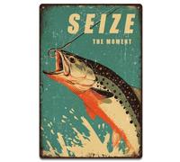 SUPERDANT Fishing Metal Signs Fish and Bait Tin Sign Seize the Moment Wall Plaques Funny Iron Poster Art for Man Cave Home Living Room Bar Pub Vintage Decor Housewarming Gift