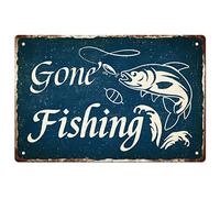 SUPERDANT Fishing Metal Signs Gone Fishing Tin Sign Pre-Drilling | Fish Hooks Bait Iron Poster Funny Signs and Plaques for Bar Pub Farmhouse Home Man Cave Father's Gift Vintage Decor