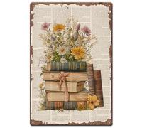 SUPERDANT Flowers Books Tin Signs Floral Metal Tin Sign Poster Retro Newspaper Vintage Art Decor for Classroom Library Home Livingroom Office Coffee Bar Reading Room Plaque Wall Decoration