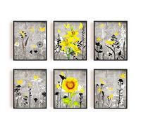 SUPERDANT Flowers Canvas Wall Art Abstract Wall Pictures Yellow Butterfly Poster Painting Black and White Canvas Pictures for Bedroom Living Room Decor 6Pcs No Frame