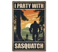 SUPERDANT Funny Metal Tin Sign Camping Big-foot I Party with Sasquatch Signs Retro Metal Poster Vintage Country Art Sign for Home Office Restaurants Cafes Bars Pub Man Cave Wall Decor Plaque Sign