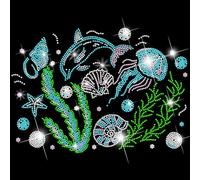 SUPERDANT Glass Rhinestone Iron on Transfer 32x23.8cm Ocean Theme Rhinestone Patch Dolphin Jellyfish Shell Heat Transfer Rhinestone Sheets for Jackets T-Shirt Hoodie Colorful