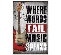 SUPERDANT Guitar metal Signs Music Quote Tin Sign Guitar Art Retro 30x20cm | Where Words Failure Speaks Music Wall Art Red Electric Guitar Music Quote Metal Plaque for Man Cave Bar Pub Vintage Decor