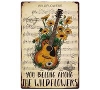 SUPERDANT Guitar Metal Tin Sign Rock Music Tin Sign You Belong Among Wildflowers Metal Signs Vintage Music and Flower Signs Guitar Metal Wall Art for Man Cave Garages Bar Sign Home