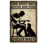 SUPERDANT Guitar with Dog Metal Tin Sign Time Spent On Guitar and Dog is Never Waste Rock Music Sign Vintage Metal Wall Art 20x31cm (7.87x12.20 inches)
