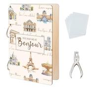 SUPERDANT Hand drawn Paris Greeting Card Holder Organizer You Had Me At Bonjour Wooden Card Keeper Binder Birthday Cards Keeper Photo Album Cover with Punch and 20pcs Inner Pockets Keepsake Gifts