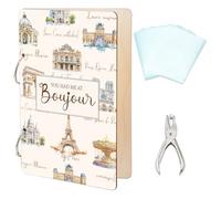 SUPERDANT Hand drawn Paris Greeting Card Holder Organizer You Had Me At Bonjour Wooden Card Keeper Binder Birthday Cards Keeper Photo Album Cover with Punch and 20pcs Inner Pockets Keepsake Gifts