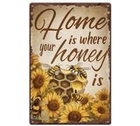 SUPERDANT Honeybee Sunflower Metal Signs Home Is Where Your Honey Is Tin Sign Wall Plaque Funny Signs and Plaque Vintage Wall Art Metal Plaque for Home Livingroom Farmhouse Housewarming Gift