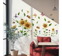 SUPERDANT Large Sunflower Wall Decals Garden Flower Wall Stickers Butterflies Bees Peel and Stick Vinyl Wall Decor Wallpaper Wall Art Mural for Bedroom Living Room Kitchen Bathroom TV Background