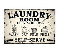 SUPERDANT Laundry Room Tin Signs Retro Metal Poster Open 24 Hours Plaque Vintage Decort Self-Serve Laundry Sign Decorative for Home Cleaning Room Apartment School Wall Art Gifts 20x30CM