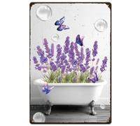 SUPERDANT Lavender Bathtub Metal Signs Flowers and Butterfly Tin Signs Bathroom Metal Wall Plaques Vintage Country Aesthetics Wall Art Poster for Living Room Bedroom Garden Retro Decoration 30x20cm