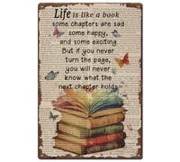 SUPERDANT Life is Like A Book Metal Signs Book Butterfly Tin Sign Poster Motivational Text Vintage Art Decor for Classroom Library Cafe Office Reading Room Back to School