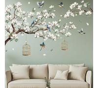 SUPERDANT Magnolia Bird Wall Decals Birdcage Wall Stickers White Flower Decals Stickers for Walls for Bedroom Living Room TV Backdrop Vinyl Art Decoration